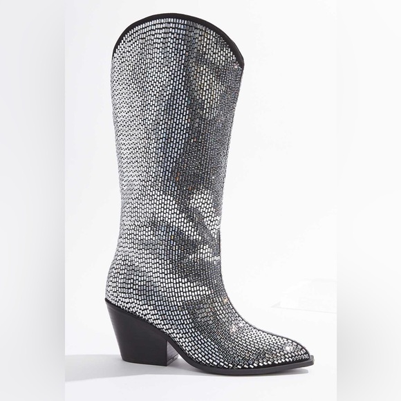 Black and Silver Metallic Rhinestone Boots with Heel - Picture 2 of 10